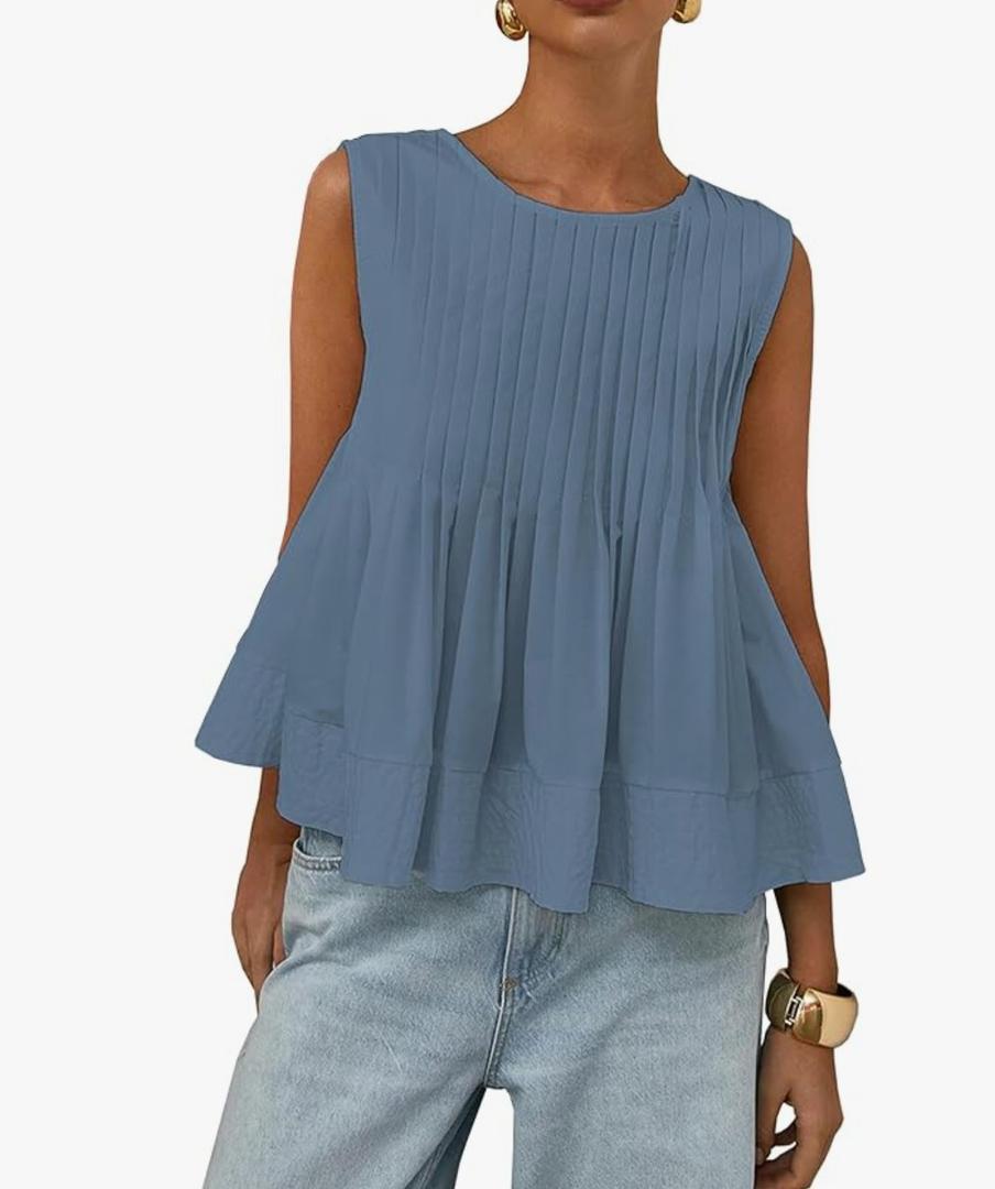 Women's Summer Babydoll Ruffle Tank Tops Pleated Peplum Sleeveless Blouse Round Neck Y2K Shirt SIZE XL
