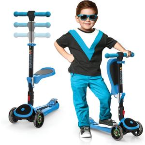 SKIDEE Kick Scooters for Kids Ages 3-5, Adjustable Height Foldable Scooter with Removable Seat, 3 LED Light Wheels, Rear Brake, Wide Standing Board, Suitable Up to 12 Year Old Boys/Girls (Blue)