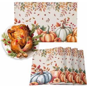 Fall Pumpkins Placemats Set of 4 Thanksgiving Orange Blue Green Leaves Linen Texture Washable Place Mats Non-Slip Heat Insulation Cotton Blend Table Mats for Kitchen Dining Party Decoration, 13"x19" (Sandy Brown Pumpkin)