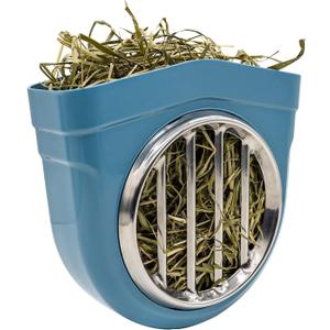 Small Animal Hay Feeder, Chew-Proof ABS Body, 304 Stainless Steel Grid Timothy Alfalfa Rack for Rabbit Bunny Guinea Pig Chinchilla Cage Hutch Crate (68oz, Blue)