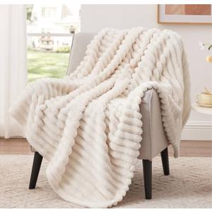 EXQ Home Fleece Blanket Twin Size for Couch or Bed - 3D Stripe Jacquard Decorative Blankets - Cozy Soft Lightweight Fuzzy Flannel Blanket Suitable for All Seasons(60"×80",Beige)