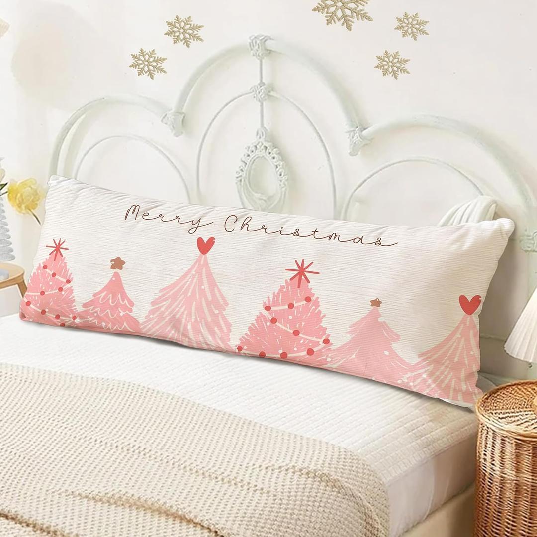 SNNDER Pink Christmas Tree 20x54 Body Pillow Cover with Zipper, Preppy Girly Christmas Room Decor, Watercolor Xmas Pine Tree Decorative Long Hug Pillow Cases for Bed Couch