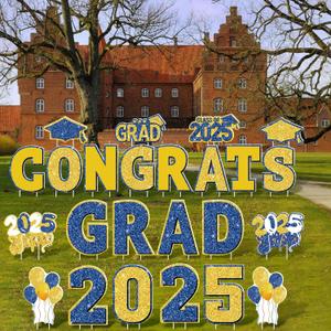 ANVAVO 2025 Congrats Grad Yard Signs Graduation Waterproof Decorations Graduation Yard Sign Decorations Grad Party Outdoor Lawn Decorations with Stakes, Royal Blue and Gold