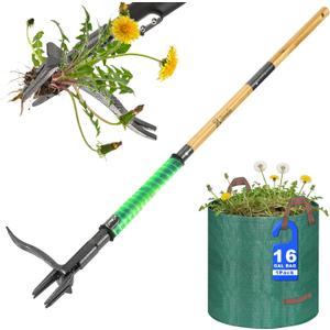 Weed Puller Tool, Heavy Duty Gardening Hand Tools with 4-Claw Steel Head & Dual-Eject Mechanism, 43.5" Bamboo Long Handle Stand Up Weeding Tool for Lawn Yard, Includes 16 Gallon Leaf Bag