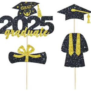 4 Pcs 2025 Graduate Cake Topper Black Glitter Congrats Grad Cake Topper Class of 2025 Cake Decor for 2025 Senior High School/College/University Happy 2025 Graduation Party Supplies Decorations, 2pack