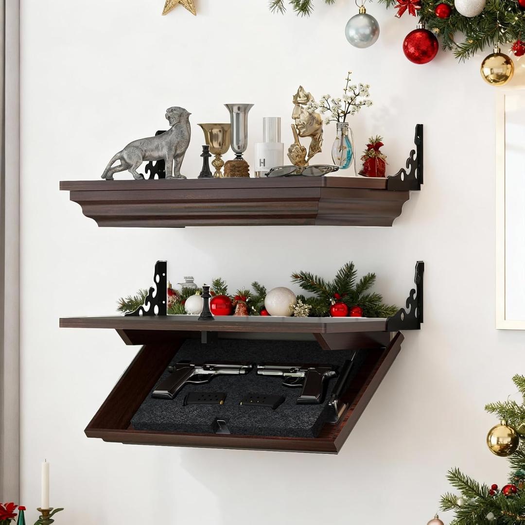 Gurexl 24''L x 13''W x 4''D Gun Rack with Magnetic Lock, Compact Gun Shelf with Secure Hidden Compartment for Wall Mount Display, Indoor Storage Security Safe Box for Home, Dark Rustic