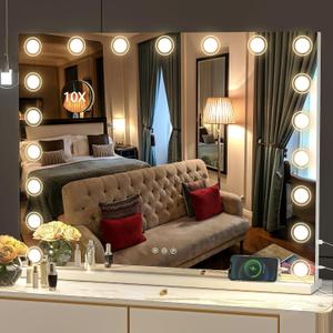 Hasipu Vanity Mirror with Lights, 40" x 32" Makeup Mirror, Light up Mirror with 19 Dimmable LED Lights and 10X Magnification, 3 Colors Modes, Touch Control, USB Charging Port, White