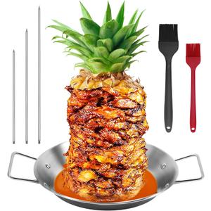 Al Pastor Skewer for Grill, Shawarma Skewer Stand, Stainless Steel Brazilian Vertical Spit with 3 Removable Spikes(8/10"/12)& Brushes, for Tacos Al Pastor, Grill Smoker Oven BBQ (10'' base pan)