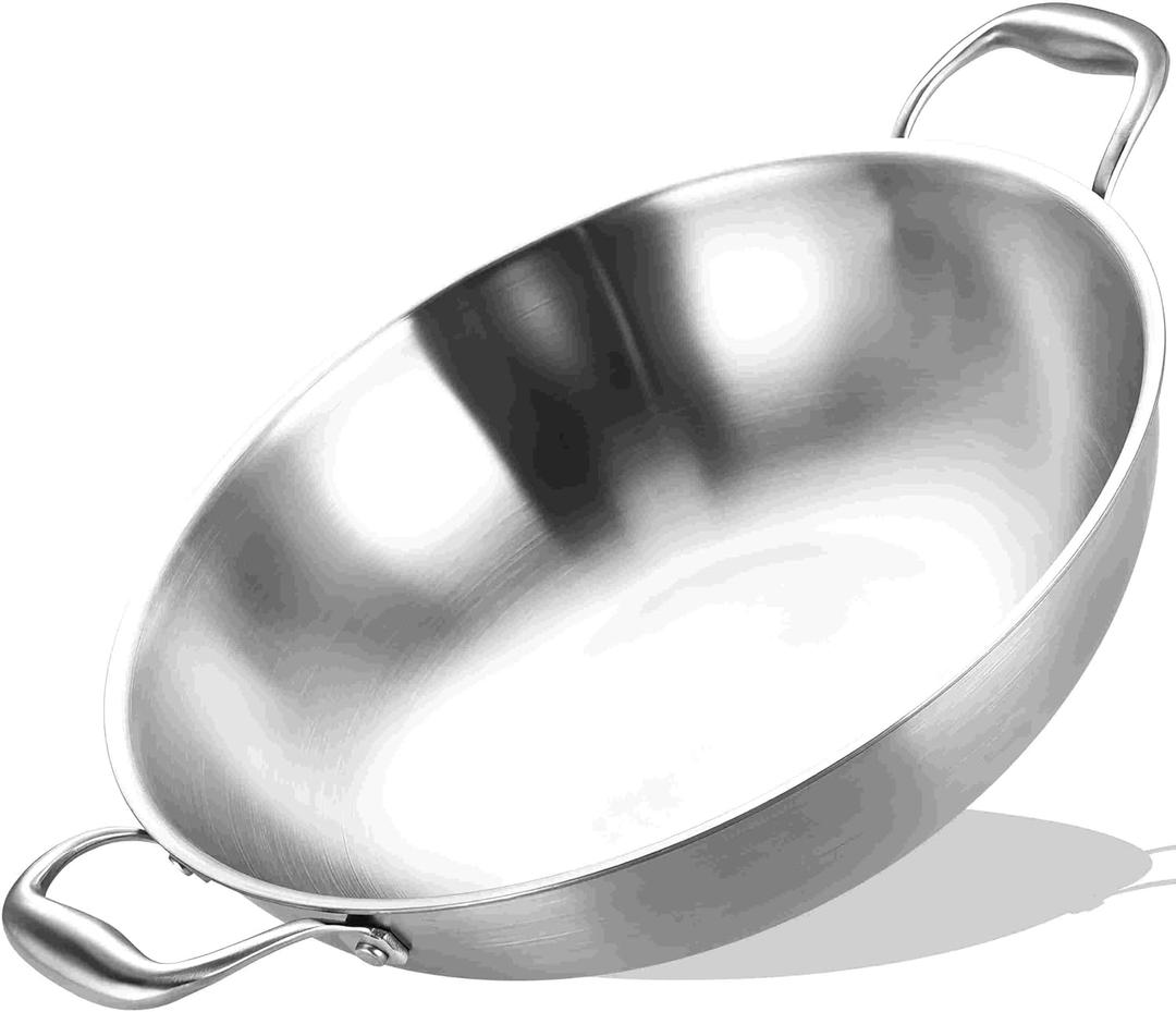 LOLYKITCH 14.5 Inch Tri-Ply Stainless Steel Chef's Wok Pan,Deep Stir-Fry Pan,Jumbo Cooker,Induction Cooking Pot,Dishwasher and Oven Safe