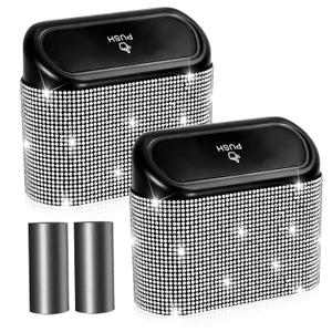 NBTEPEM Bling Car Trash Can with Lid - 2 Pack, Mini Auto Garbage Can with 60 Trash Bags, Automotive Garbage Container Bin, Bling Car Accessories Trash Can for Women (Silver Diamond)
