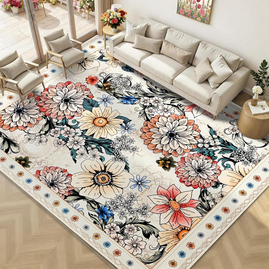 Yinhua Living Room Rug 8x10 Rug Washable Boho Floral Rugs Non Slip, Beige Soft Area Rugs Low Pile, Faux Wool Flowers Carpet for Living Room, Bedroom, Dining Room, Beige