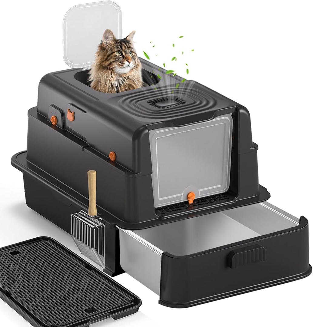 Stainless Steel Litter Box with Lid: XL Extra Large Cat Litter Box for Big Cats, Enclosed Kitty Litter Boxes with Drawer, High Sided Metal Cat Box with Scoop, Front & Top Entry, Odor Free, Non-Stick (25'' x 17'' x 16'')