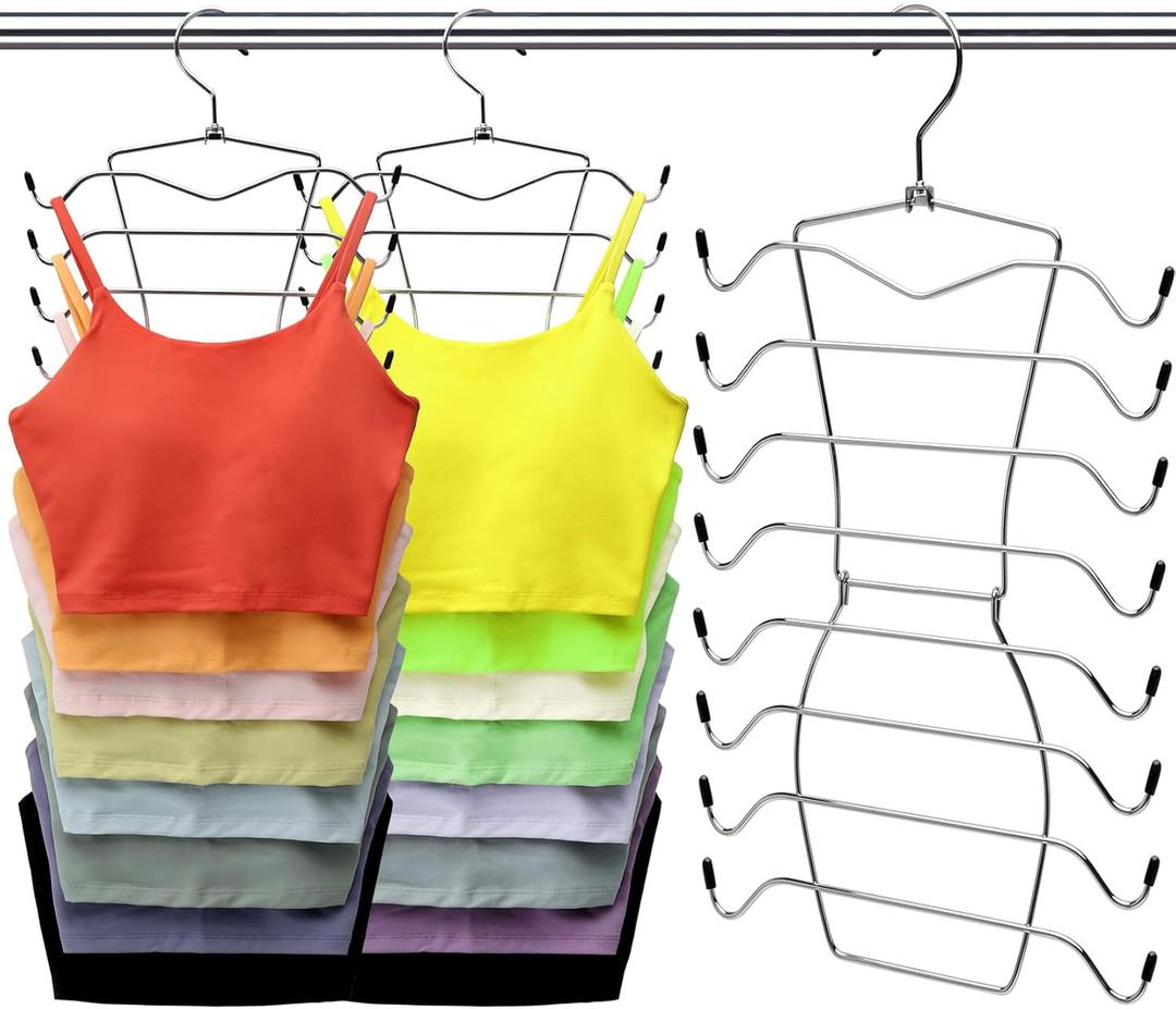 Tank Top Hanger, 8 Tier Space Saving Bra Hangers, Closet Organizers and Storage, Dorm Room Essentials for Girls, Organization for Camisoles Sports Bras Strappy Dress Swimsuits Ties, 2 Pack (2 Pack - Silver)