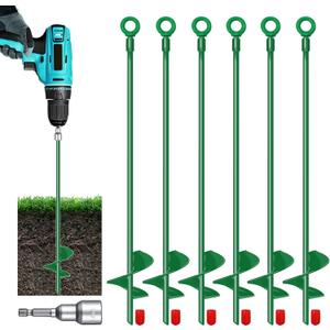 18" Ground Anchor Kit 6pcs, 3" Extended Helix Diameter Earth Anchor, Heavy Duty Spiral Earth Anchors Shed Anchor Hook for Camping Tent, Car Ports, Sheds, Swing Sets, Canopies, Securing Animals (Green)