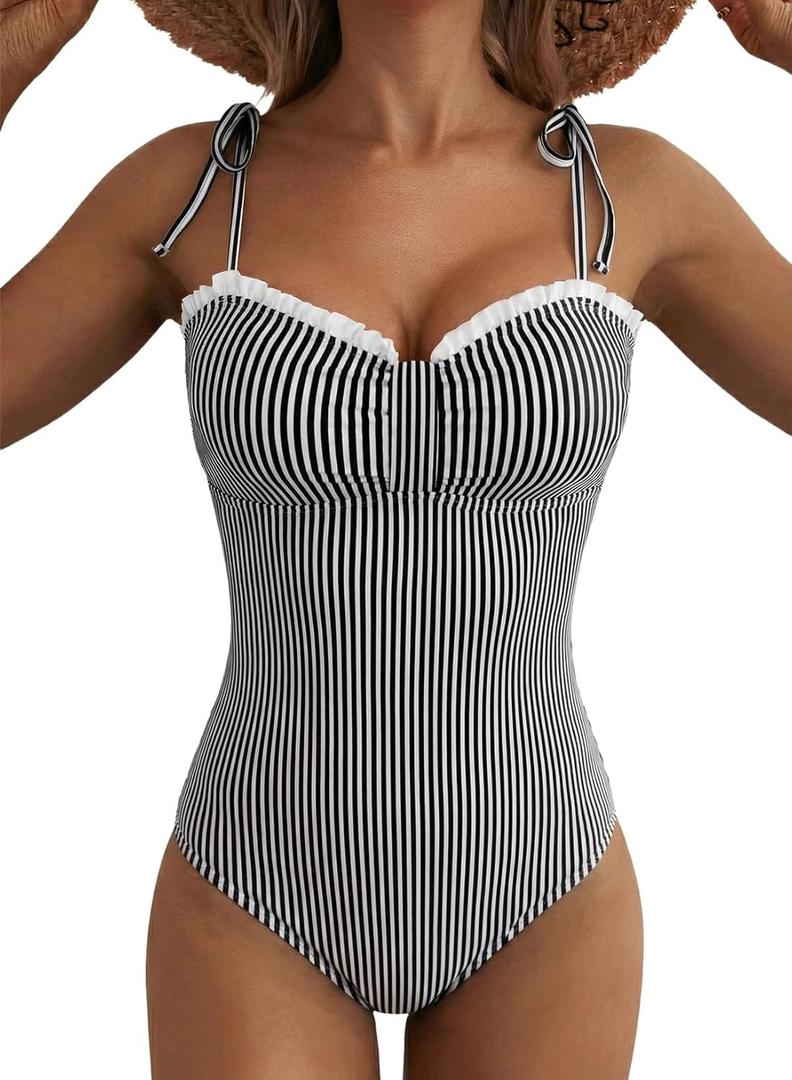 Herseas Womens Striped One Piece Swimsuits Tie Shoulder High Cut Tummy Control Bathing Suit 2026 Summer Beach Swimwear (Gray, M)