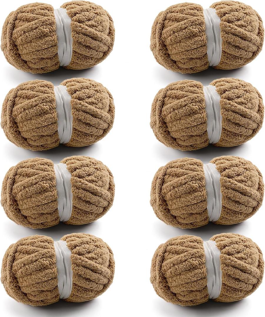 8 Pcs Chunky Yarn for Hand Knitting - Chunky Chenille Yarn for Crocheting - Fluffy Yarn for Crochet - Jumbo Yarn for Hand Knitting 28.4 yds 7.7 oz of Super Bulky Yarn (Khaki)