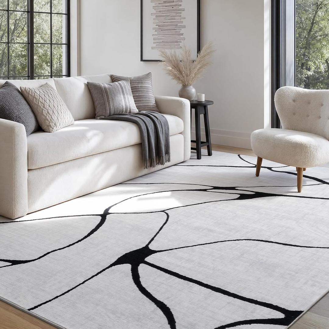 6x9 Washable Modern Abstract Black White Area Rug