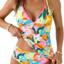 RXRXCOCO Women Tankini Swimsuits Bathing Suits Tummy Control Colorblock V Neck Ruched High Waisted Swimwear (Large, Botanical Print)