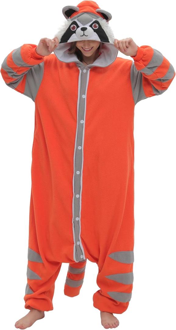 SimZoo Adult Animal Onesie Pajamas, Men and Women's Animal Cosplay Costume Sleepwear, One-Piece Unisex Homewear (Orange Raccoon), Small