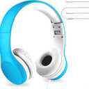 LilGadgets Connect+ Foldable Headphones, Adjustable Fit Soft Touch Padding for Kids with Mic, Volume-Limited & Noise Reduction On-Ear Wired Headset for School with SharePort - Blue, Ages 3-14