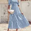 BTFBM Women Casual Summer Dresses 2026 Spring Crew Neck Ruffle Short Sleeve Smocked Floral Boho Flowy Maxi Dress Clothes (Blue, M)