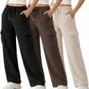 Common Stitch 3 Pack Wide Leg Cargo Fleece Sweatpants for Women 4 Pockets, Relaxed Fit, Elastic Drawstring Waist, Small