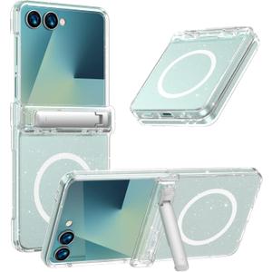 KJSK for Samsung Galaxy Z Flip 7 Case,Built-in Kickstand with Magsafe Slim Shockproof Matte Protection,Anti Yellowing,Built-in Hinge Protection,Clear Bling