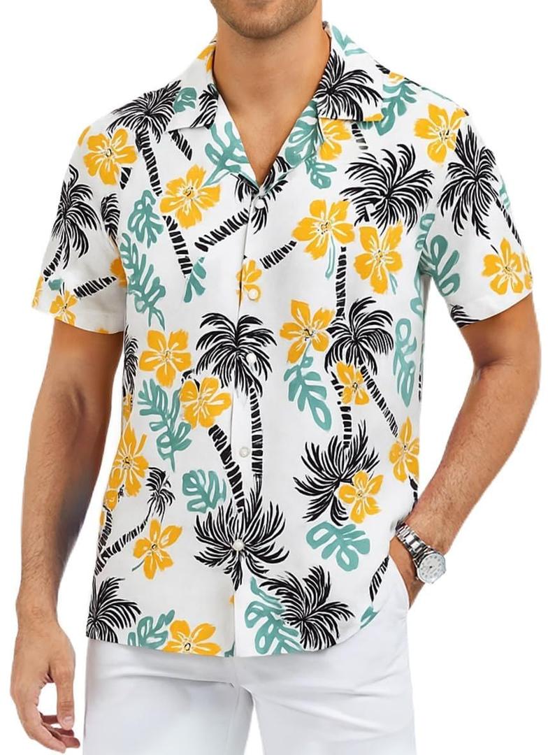 ASTRYON Hawaiian Shirt for Men Short Sleeve Floral Palm Button Down Tropical Vacation Beach Shirt (US, Alpha, Medium, Regular, Regular, White and Yellow and Blue) (M)