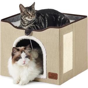 Bedsure Cat Beds for Indoor Cats - Large Cat Cave for Pet Cat House with Fluffy Ball Hanging and Scratch Pad, Foldable Cat Hideaway, 16.5x16.5x13 inches, Brown (Single)