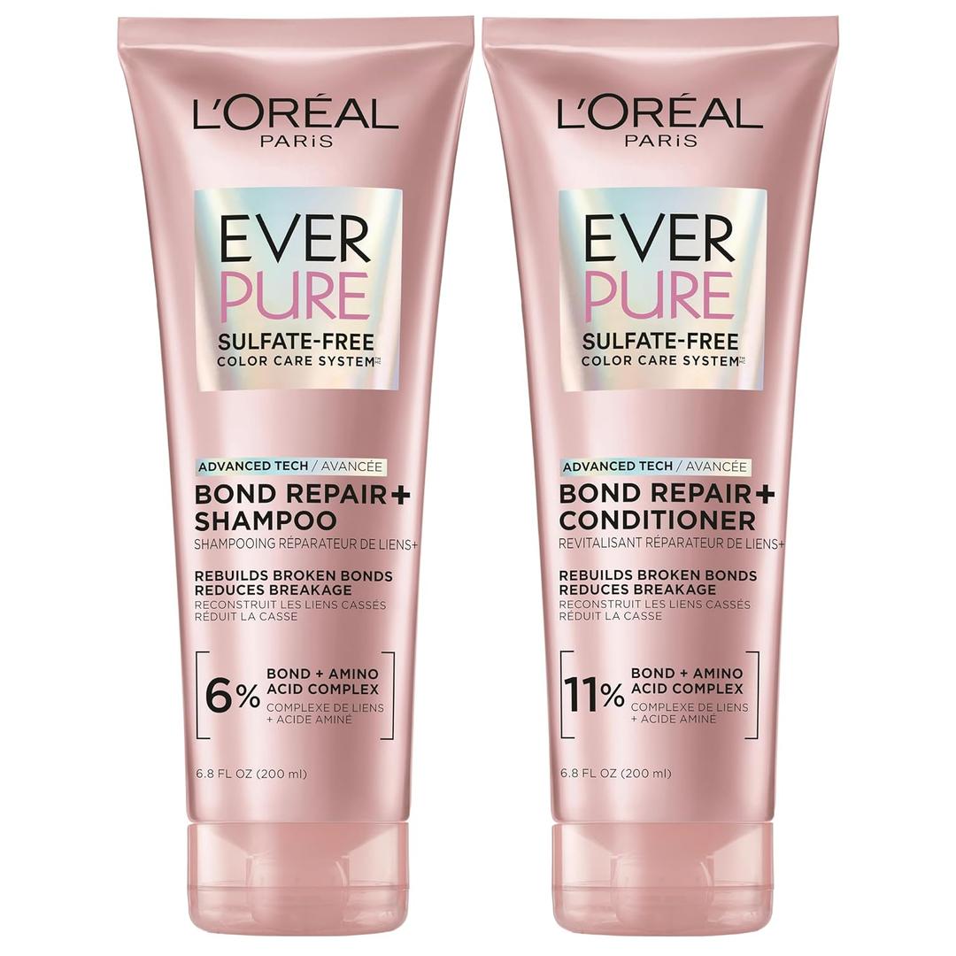 L'Oreal Paris Sulfate Free Bond Repair+ Shampoo and Conditioner Set with Bond + Amino Acid Complex, Strengthens and Repairs Damaged or Color Treated Hair, EverPure, 13.6 Fl Oz Set