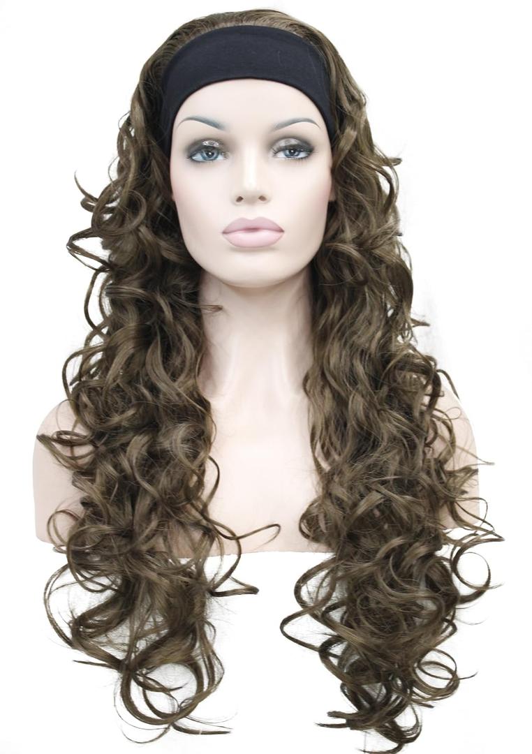 Wiginway 26 inch Long Curly Light Ash Brown Hair Premium Synthetic Women's Wig 3/4 Half Wig with Black Headband