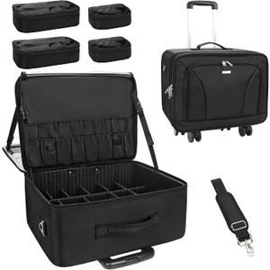 MONSTINA Rolling Makeup Train Case, Cosmetology Case on Wheels Makeup Artist Bag Professional Cosmetics Beauty Hairdresser Bag Hairstylist Cosmetic Bag with 4 Bags Extra Large Makeup Bag with Wheels, Black