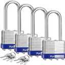 Puroma Lock 4 Pack Padlocks, 2 Long Shackle Heavy-Duty Locks with 8 Keys, 40mm Hardened Steel Keyed Alike Padlocks for Sheds, Gates, Fences, Toolbox, Outdoor and Indoor UseSilver
