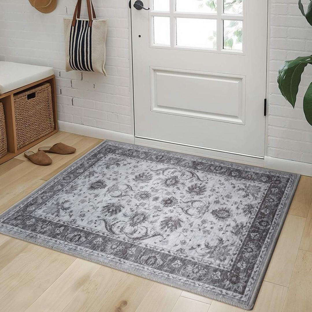 Front Door mat, 2x3 Ft Washable Area Rug Small Entryway Rug Indoor Non-Slip Throw Rugs, Ultra-Thin Accent Carpet for Kitchen Bathroom Entrance Home Decor (Grey)
