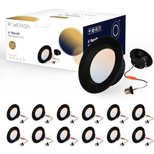 12 Pack 4 Inch Black LED Can Lights Retrofit Recessed Lighting, 5CCT 4 Inch Recessed lights Selectable 2700K-6000K Dimmable, 9W 630LM Recessed Lights with Metal Smooth Trim- ETL and Energy Star