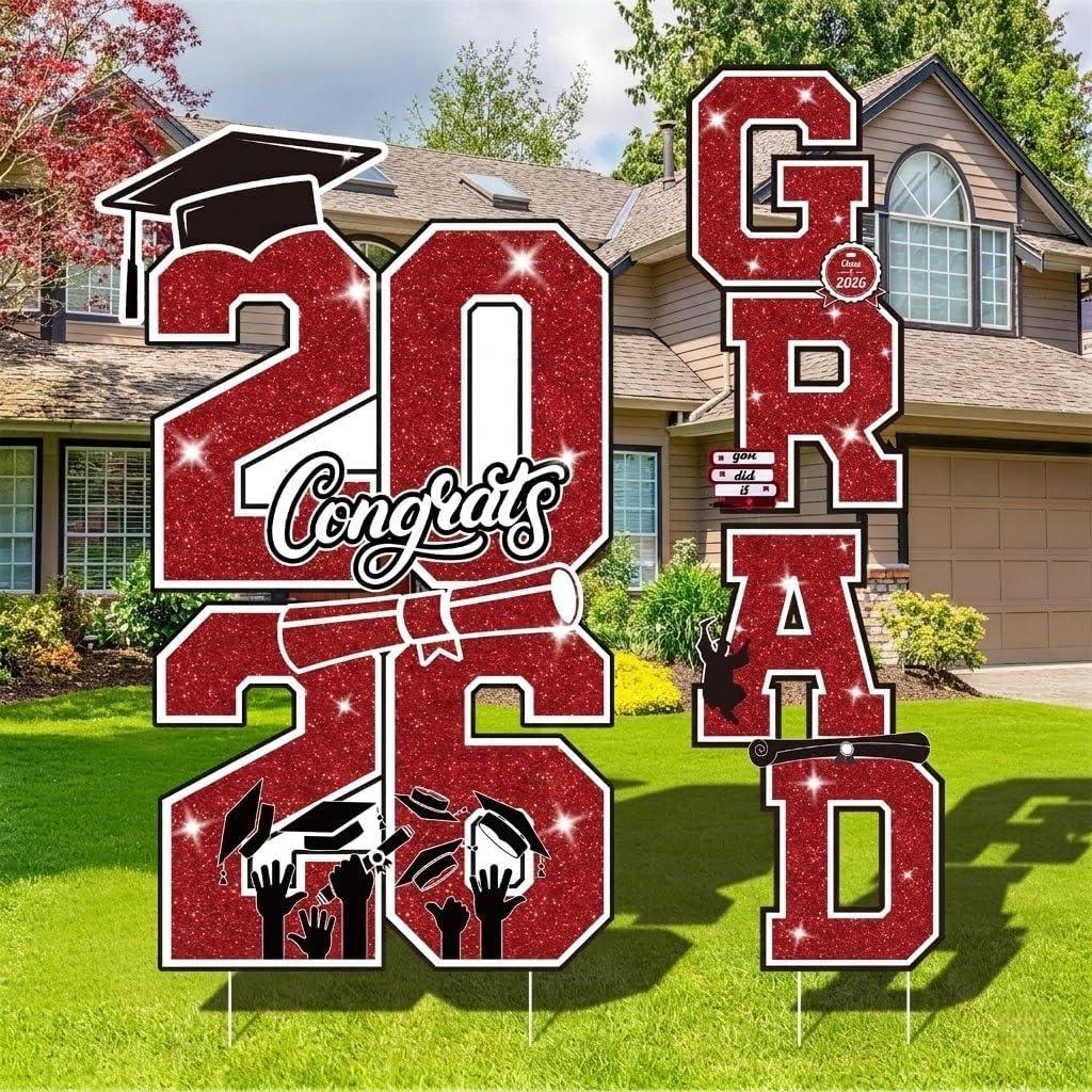 Graduation Yard Sign Class of 2026 Decorations, 4pcs Large Size Red and Black Congrats Grad 2026 Lawn Yard Sign with Stakes for High School College Indoor Outdoor Graduation Party Decor Supplies