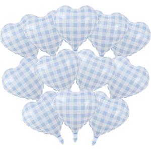 12 Pcs Heart Shaped Balloons, Blue White Checkered Pattern Heart Shaped Mylar Foil Balloons 18 Inch for Valentines Wedding Birthday, Baby Shower Party Decorations