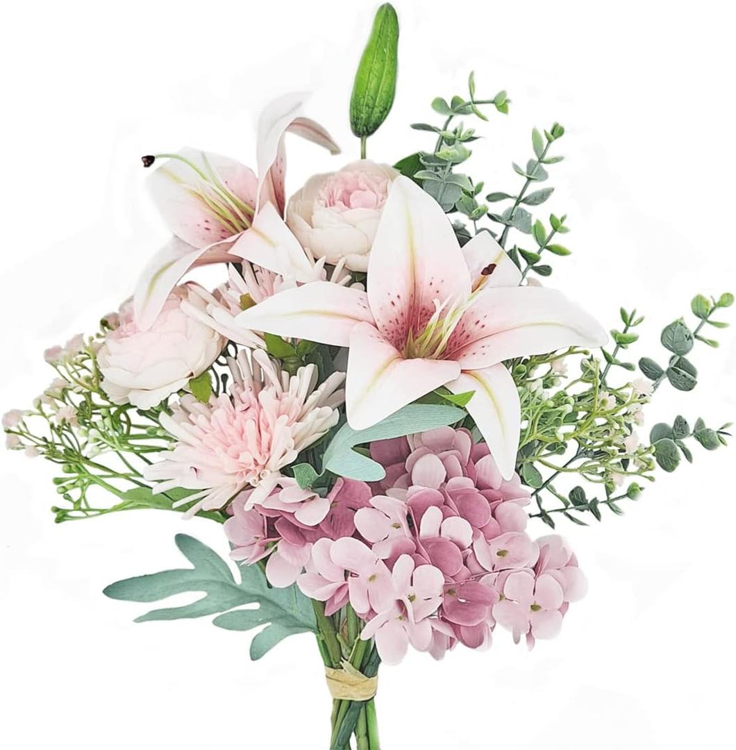 Artificial Fake Faux Flowers Silk Flower Arrangements Bouquets with Lilies, Buttercup, Hydrangea, Chrysanthemum, babysbreaths (Pink)p, And Vase
