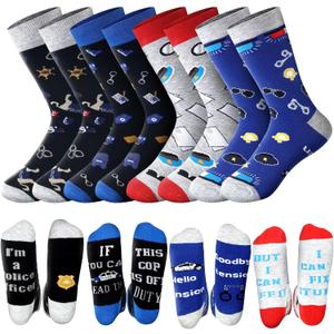 Mepase 4 Pairs Police Socks Men's Funny Novelty Police Officer Crew Socks Gifts for Men Dad Christmas New Year Gift