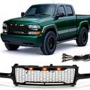 Front Grille Grill Compatible With 1999 2000 2001 2002 Chevy Silverado 1500 Glossy Black Mesh Grille w/LED Lamps Pickup Truck Insert Grills Front Hood Bumper