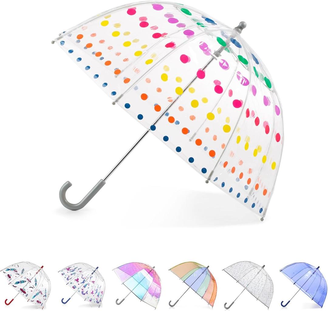 totes Kids Clear Bubble Umbrella with Dome Canopy, Lightweight Design, Wind and Rain Protection Umbrella, Dots, Kids - 38" Canopy
