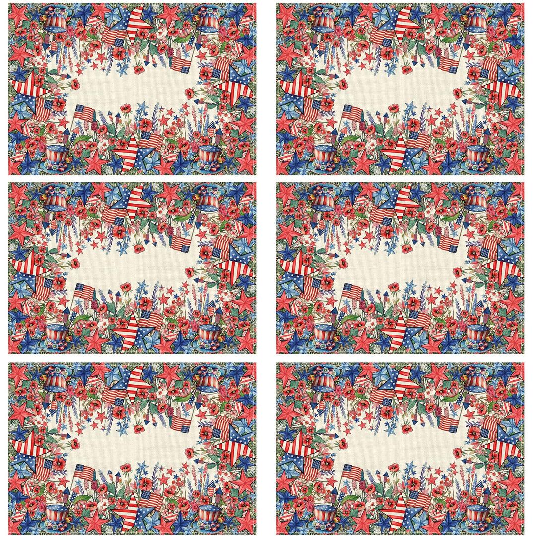 XCHI Watercolor Flowers America Stars Fireworks Memorial Day Placemats Set of 6 Table Mats 4th of July Patriotic Independence Day for Party Home Kitchen Dining Table Decorations 12x18 Inch