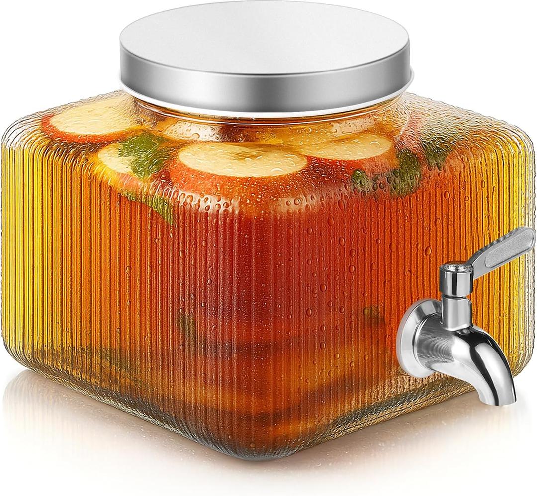 Drink Dispenser for Fridge, Drink Dispensers for Parties,1 Gallon Glass Beverage Dispenser with 100% Leakproof Stainless Steel Spigot, Ideal for Water, Lemonade, Juice, Iced Tea (EXP 02/01/26)