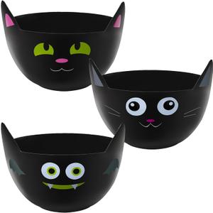 Zcaukya Halloween Party Supplies - Set of 3 Plastic Trick or Treat Candy Bowls, Cat Shaped Serving Bowls in Orange, Purple, Black for Parties