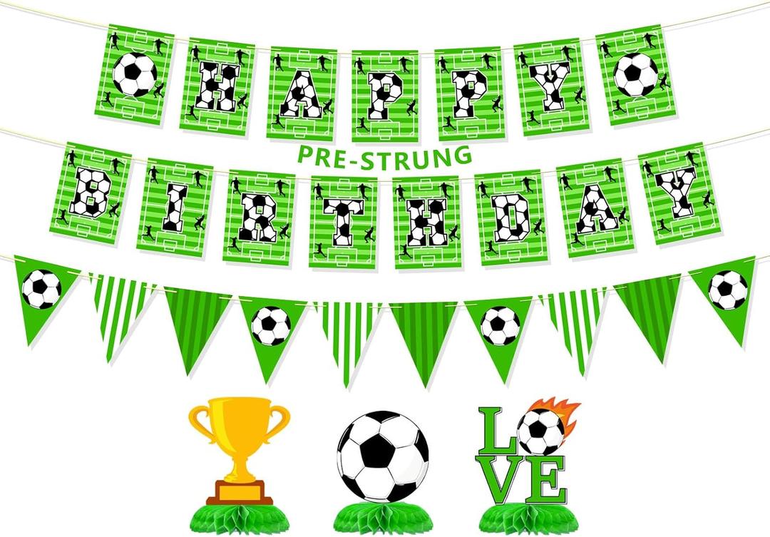Soccer Party Decorations Pre-Strung Soccer Birthday Banner | Soccer Themed Birthday Party supplies, Honeycomb Centerpieces