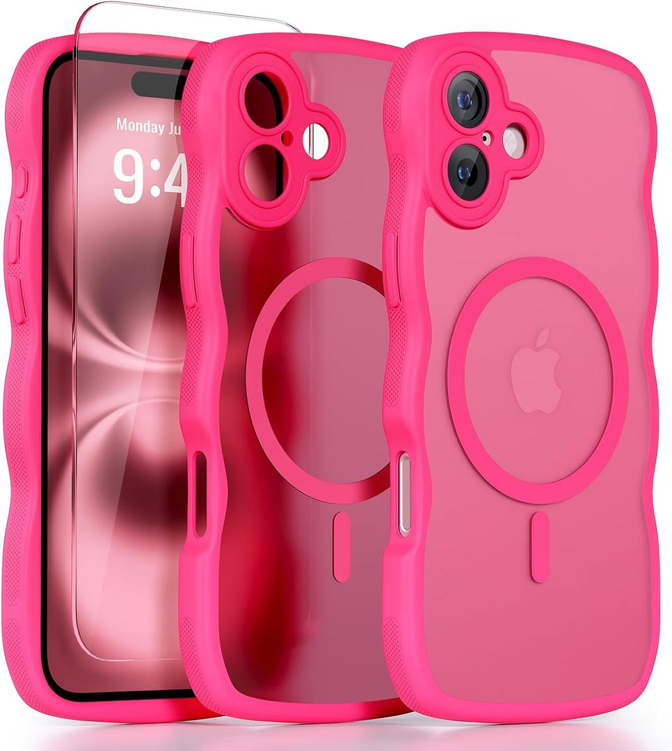 QVLANG Case for iPhone 16, Cute Wave Cover Case, Upgraded[Full Camera Protection][Compatible with Magsafe][Military Grade Protection][Translucent Matte] Phone Case for Women Girls, Hot Pink