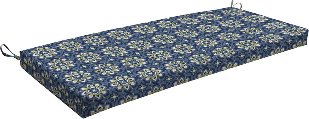 Honeycomb Outdoor Essentials Bench Cushion, 44 x 18, Medina Medallion Blue Seat Pad for Porch Swing and Patio Furniture