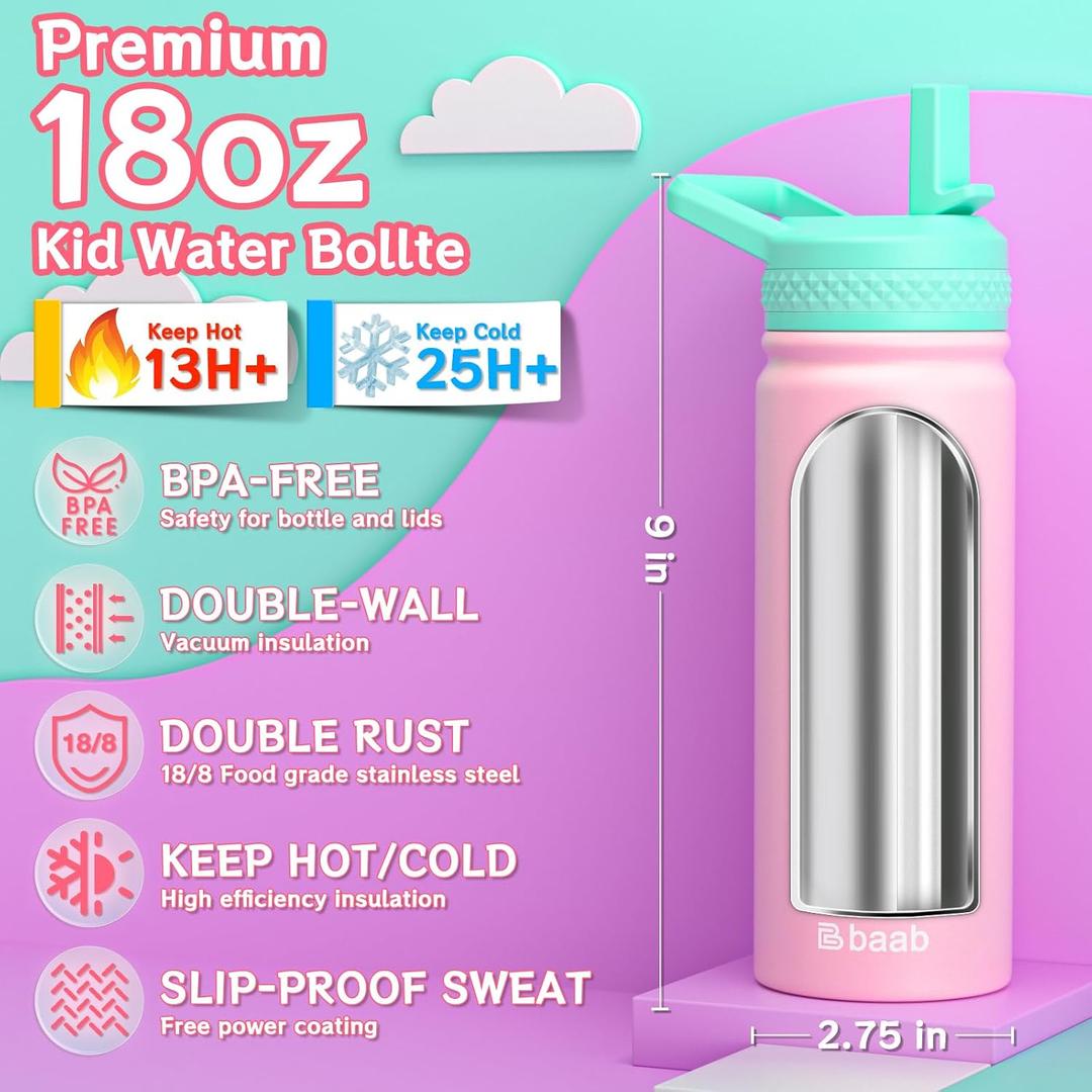 baab 18oz Kids Insulated Water Bottle 18/8 Stainless Steel Straw Cup  | BPA-Free, DIY Stickers, Leakproof & Spillproof, Easy to Clean & Carry, Gift for Boy Girl Youth, for School Sport Travel