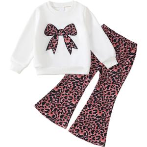 Kids Toddler Girl Fall Clothes Graphic Print Sweatshirt Pullover Leopard Flared Pants 2Pcs Winter Outfits (3-4T)