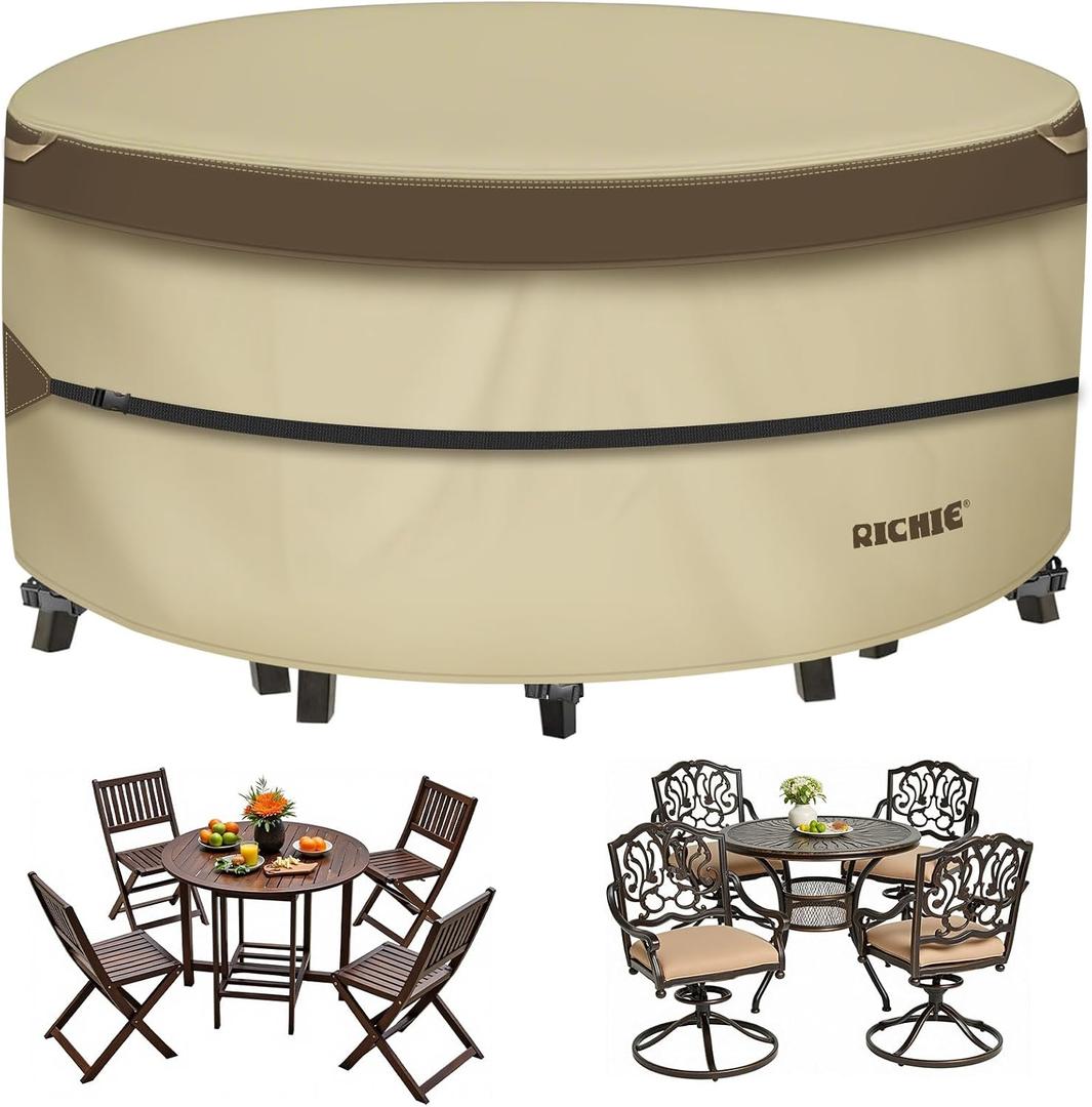 600D Round Patio Furniture Cover Waterproof, Outdoor Heavy Duty Dining Table Chair Set Cover All-Weather Anti-UV Windproof (62" DIA x 28"H) RICHIE